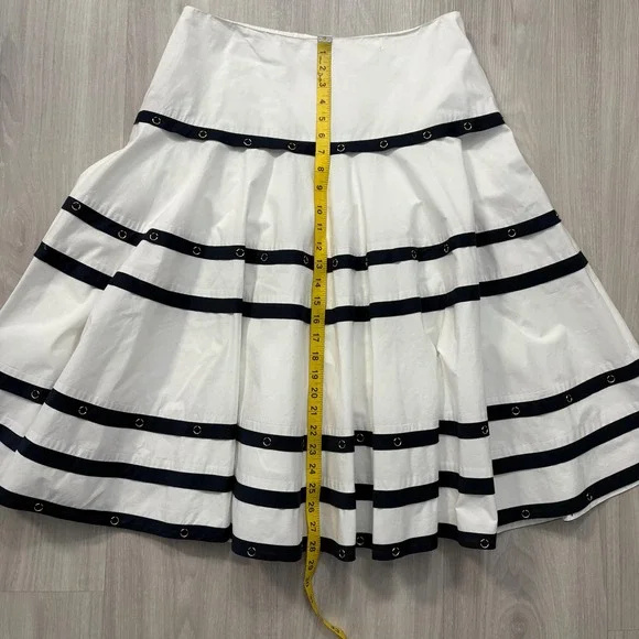 Cache Skirt Women White Navy Stripe A-Line Midi Skirt Cotton Size 10 - Picture 4 of 14